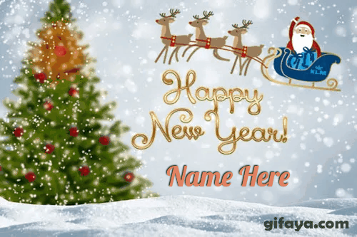 Write Name on Santa Claus wishing Happy New Year Gif Card