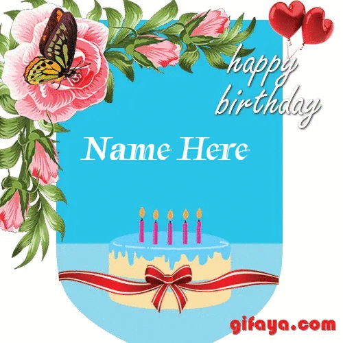 Add name on birthday card with roses and butterflies.gif