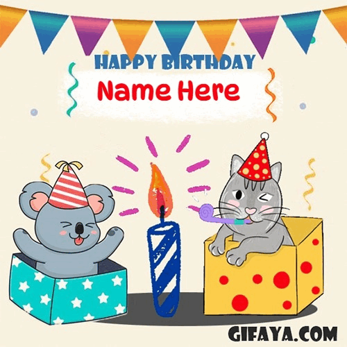 Write Name on Happy Birthday Greeting Card Funny Cat