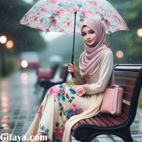 Photo of Face Swap : A Girl Sitting on a Wooden Bench in the Rainy Street