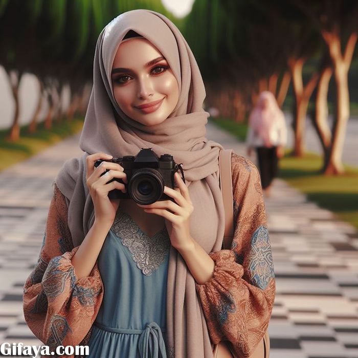 akteb 35 - Captivating Face Swap: Girl in Blue Dress Holding a Camera in the Forest