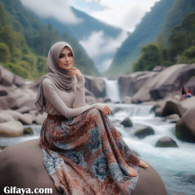 Photo of Scenic Natural Beauty: Girl on Large Smooth Rock by Mountain Stream – Face Swap