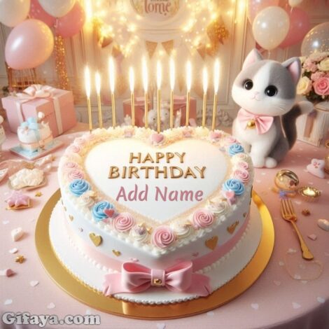 Photo of Add Your Name on a Heart-Shaped Birthday Cake with a Cute Kitten